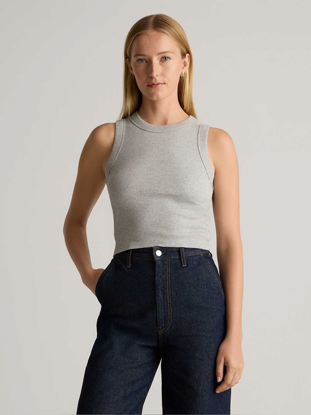 Quince Heather Gray Organic Cotton Micro-Ribbed Cropped Cutaway Tank In Size S N
